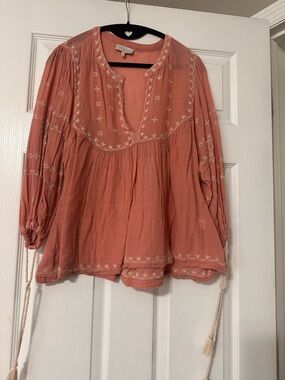 Lucky Brand Coral Embroidered Peasant Blouse